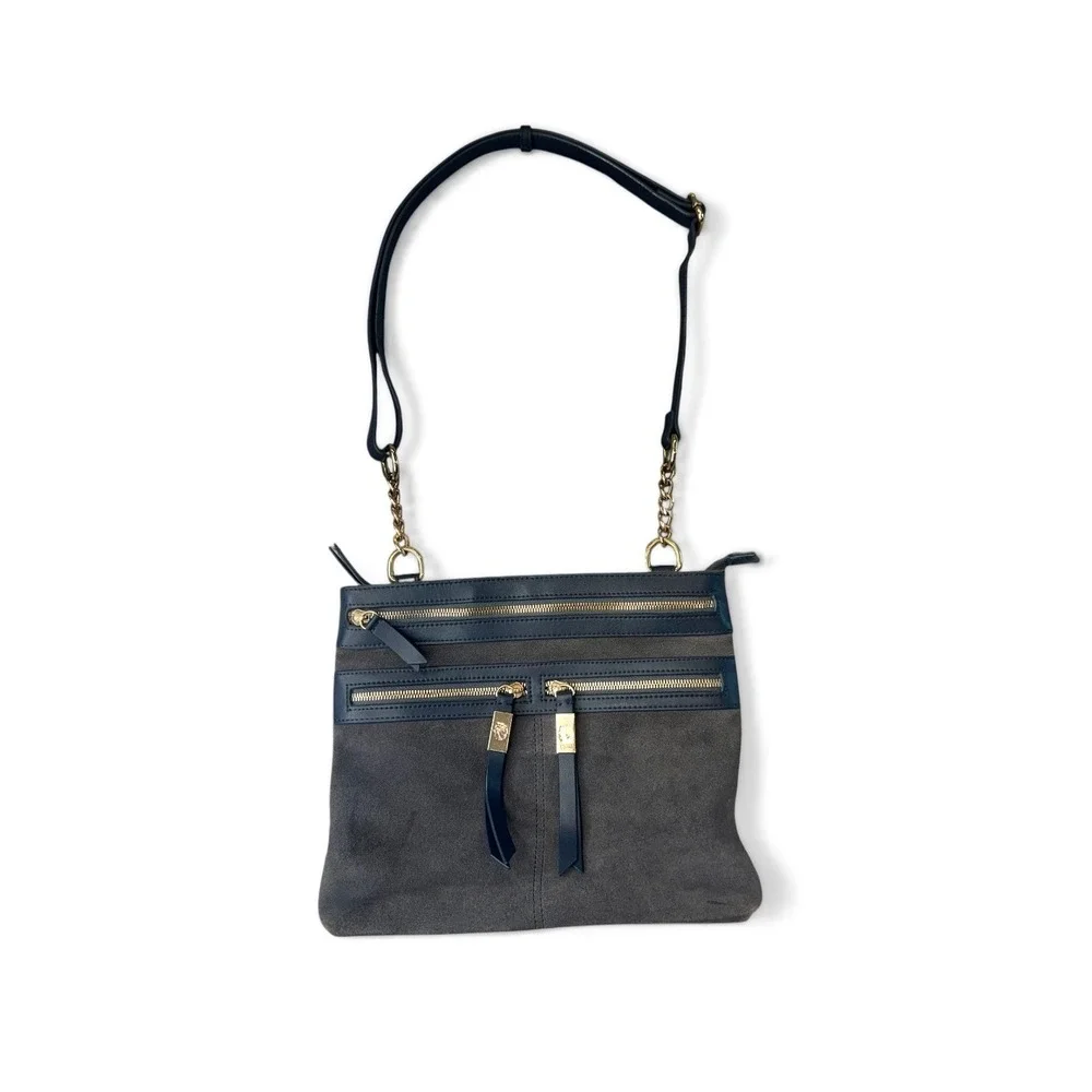 Spartina 449 ‎ Navy Gray Leather Suede Crossbody Bag Gold Hardware